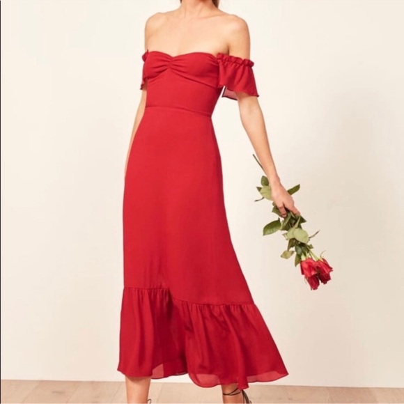 Reformation Dresses & Skirts - Reformation Red Off-Shoulder Butterfly Flutter Sleeve Midi Dress Size 0
